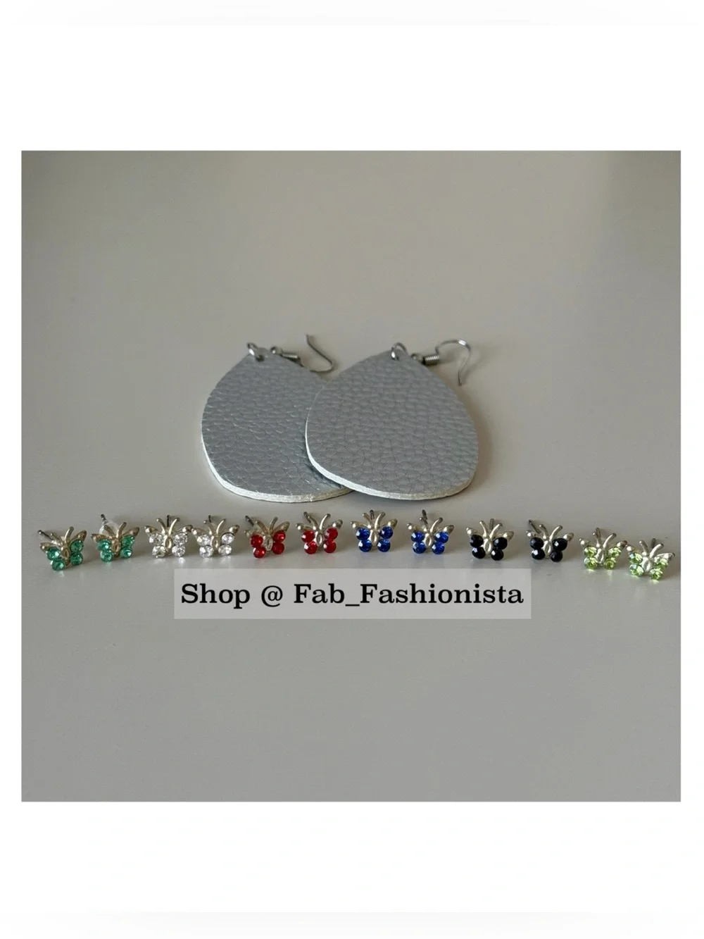 Silver Teardrop Leatherette Earrings with Assorted Butterfly Studs
